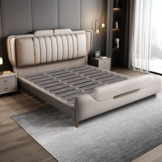 Leather bed modern and simple new style wedding bed 1.5m 1.8m double master bedroom king bed Italian light luxury leather bed flagship version leather bed delivered to home 1800mm*2000mm frame structure