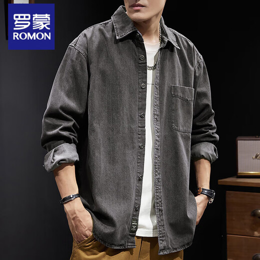 罗蒙牛仔衬衫男士秋季户外重磅工装外套春秋季美式蓝色耐磨纯色上衣男 Z757黑色 XL