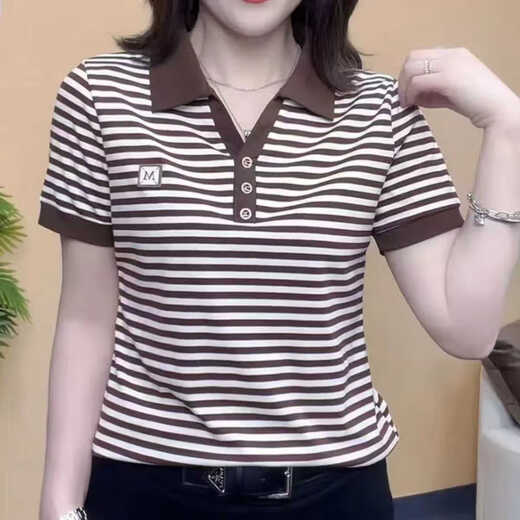 Bwimage etwa 40 Jahre alte Frauen Sommer-Frauenkleidung 2024 Sommer Neue Mode Streifen kurzärmelige T-Shirt mittleren Alters mit Mutter 9928 bis Gelb M.