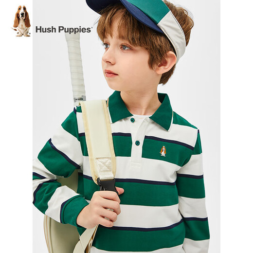 Hush Puppies children's clothing children's boys spring and autumn new spliced striped classic lapel long-sleeved POLO shirt pine leaf green 160 cm (one size larger)