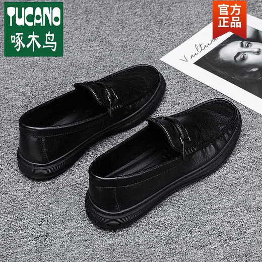 Offizielle Woodpecker offizielle vierjährige neue schwarze Lederschuhe für lässige Faulpersonen für Männer, die weiche alleinige trendige und vielseitige britische Bohnen M9901 Black plus Fleece Flaggschiff 39 pedal