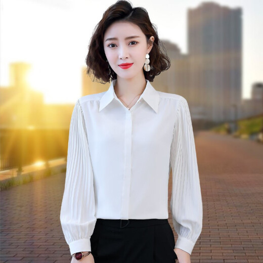 Mengbeizhuang chiffon shirt women's shirt women's spring clothing 2021 new outer wear foreign style top slimming slim white professional fashion temperament puff sleeve shirt retro base black L (100-110Jin [Jin equals 0.5 kg])