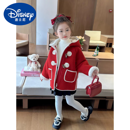 迪士尼（Disney）女童加绒羊羔毛外套秋冬2024新款洋气时髦儿童女宝宝皮毛一体冬装 红色小熊加绒外套 110建议身高100以下3-4岁