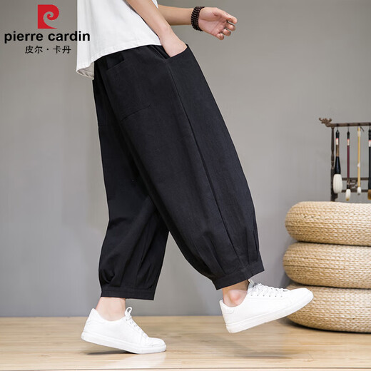 Pierre cardin summer linen harem pants Chinese style large size loose nine-point pants trendy wide-leg bloomers men's pants black M