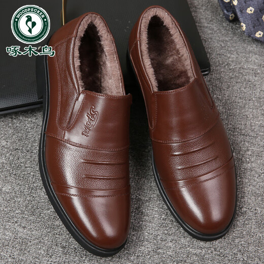 Woodpecker autumn and winter plus velvet warm men's genuine leather casual shoes business formal cotton leather shoes men's cotton shoes middle-aged dad's shoes men 0558 lace-up cotton shoes black 42