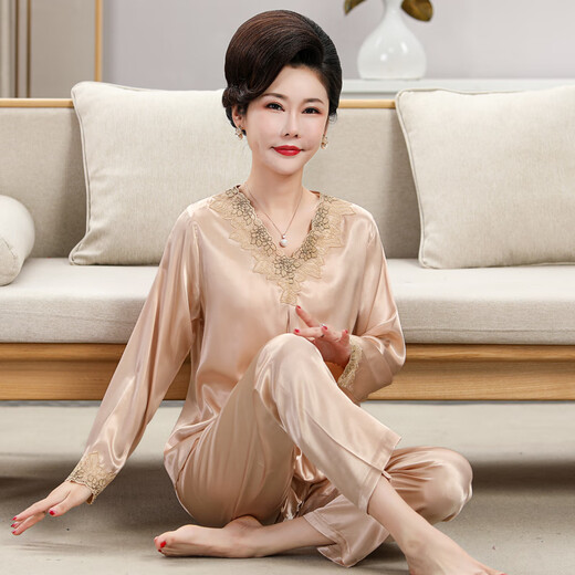 俞兆林（YUZHAOLIN）妈妈睡衣女2024年新款春夏季薄款柔顺长袖中老年人家居服套装 683香槟色(长袖长裤) 2XL 建议125-135斤