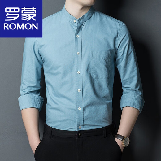 ROMON men's Chinese stand-up collar shirt 100 cotton business casual long-sleeved shirt dad's suit solid color base shirt 11162 denim lamb LY 185/125