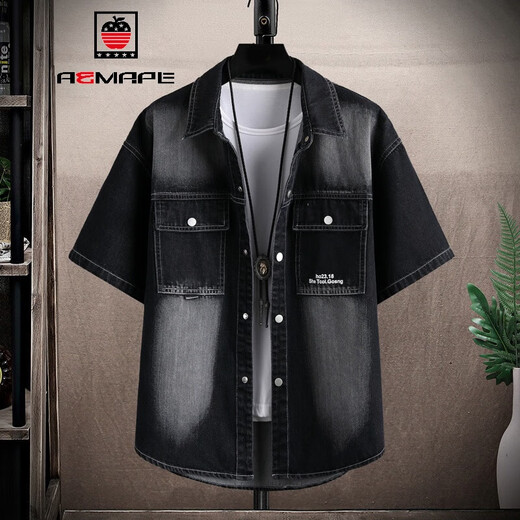 Aemape American Retro Retro Courte-manche à manches pour hommes 2024 Nouveau lavage de mode mince été Old Denim Shirt Veste T698 Black L (environ 110 ~ 130 Jin [Jin est égal à 0,5 kg] peut être porté)