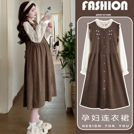 Mommy Ranqi Maternity Clothing Autumn Clothing 2025 New Dress Fashionable and Fashionable Belly Covering Maternity Autumn and Winter Skirt Two-piece Suit Khaki Suit L