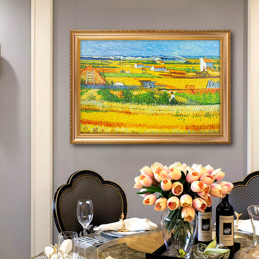 Flagal del emperador Van Gogh La cosecha de campo de trigo pintada al óleo pintada al óleo de estilo europeo Decoración de restaurantes Sala de estar Sofá Fondo de pared Pintura de pared Pintura colgante 692 Marco de oro 180x90