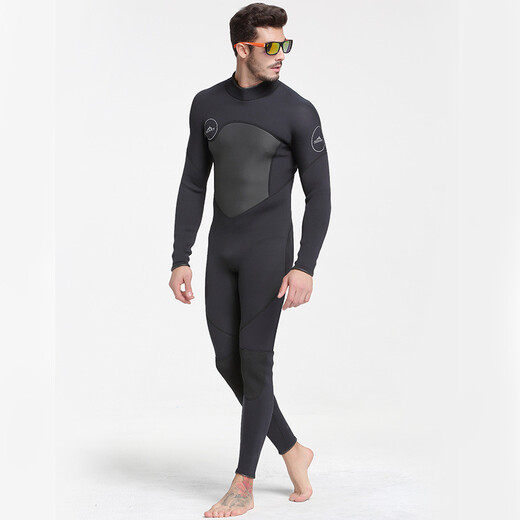 Sharbat 3MM wetsuit for men, thickened and warm, winter swimming, outdoor snorkeling one-piece long-sleeved swimsuit, surfing jellyfish suit, dark blue and black, water orchid L (suitable for 110-125 Jin Jin equals 0.5 kg)