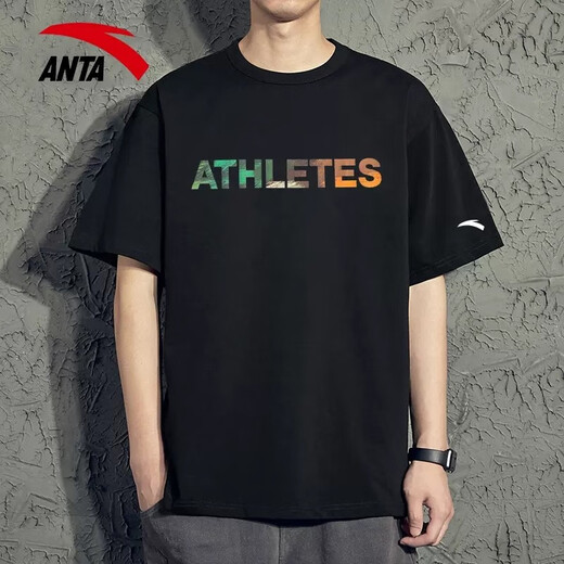 安踏（ANTA）短袖t恤男2025春夏季透气圆领潮牌半袖宽松印花字母打底衫上衣男 -2基础黑【棉涤】 L /175 适合120-140斤