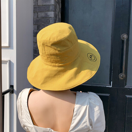 Antarctic sun hat for women summer Korean style trendy fisherman hat for women solid color smiley face sun hat for female students Japanese style summer double-sided sun protection hat double-sided yellow + black [brim length 11cm]