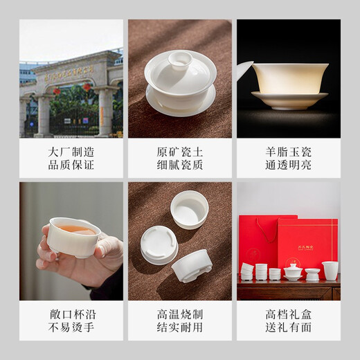 SUSHI CERAMICS Suet Jade Tea Set Dehua Ceramics Sancai Covered Bowl Pure White Porcelain Kung Fu Tea Cup Gift Box J0432