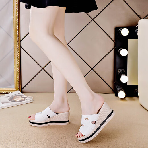 Woodpecker high heel sandals for women 2025 summer new slippers for women wearing high-value wedge non-slip sandals white 37
