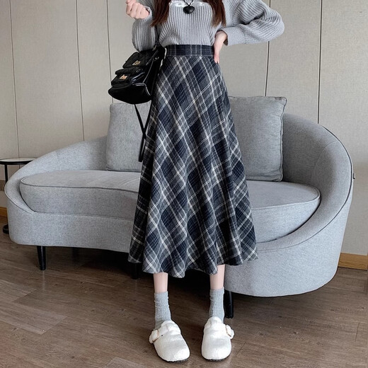 Miao Yijia Plaid Wool Skirt Winter Women's New Winter Skirt Long Skirt College Style Skirt A-Line Style and Versatile College Style Woolen Plaid Umbrella Skirt Blue Regular L Recommended 110-125 Jin Jin equals 0.5 kg