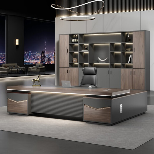European wooden simple light luxury boss office desk and chair combination simple modern president desk supervisor desk leader office computer desk black walnut + iron gray 2.4 meters boss table + boss chair