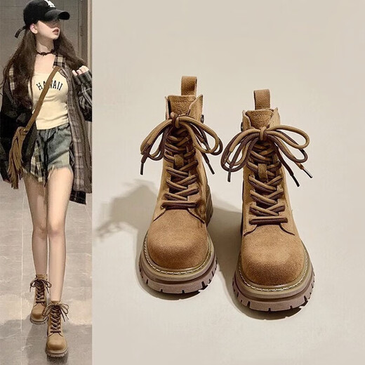 
Plain Martin Boots Women's Short Boots Brown Spring 2025 New Retro Work Suit Western British Style Thick Sole Heightening Denim Boots Martin Boots Women [7-hole Brown Zipper Style] 36