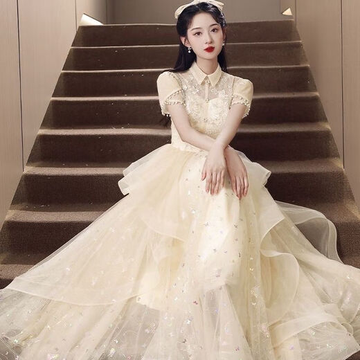 Hanyu high school student adult dress female 18 years old high-end dinner party niche art test performance high-end host dress 033 champagne M