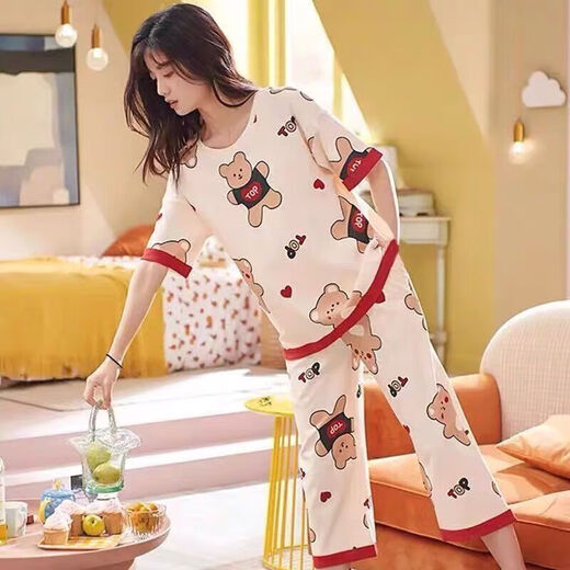 浪莎（LangSha）睡衣女夏季短袖七分裤加大宽松春夏天可外穿卡通可爱家居服套装 短袖七分裤5503_-684深紫 XL _建议115-125斤穿