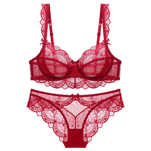 XMXT buque insignia auténtico ins Día de San Valentín grasa mm sujetador de encaje de gran tamaño verano ultrafino transparente sexy conjunto de ropa interior colorete sujetador rojo + bragas 85D