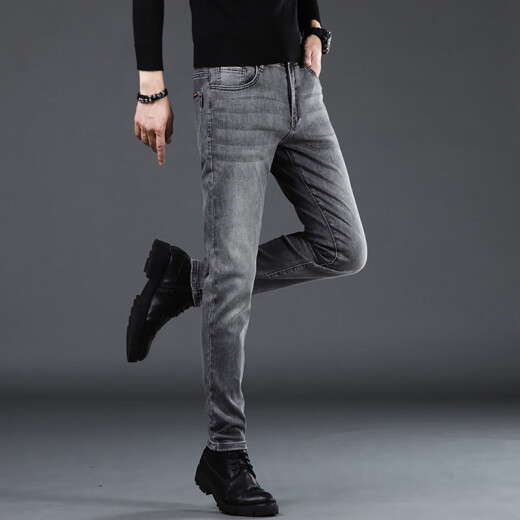 JEEP SPIRIT高端牛仔裤男士春秋新款潮牌修身小脚直筒弹力休闲长裤男 1049灰色 36