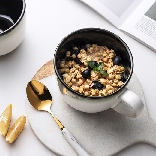 INMIND HOUSE Big belly milk breakfast cup ceramic oatmeal cup with lid spoon large capacity microwaveable European style 600ml gradient gray 600ml (wooden handle spoon + wooden lid)