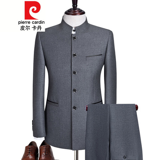 皮尔卡丹春秋中山装套装男士中青年中华立领西服韩版修身款新郎中式礼服 暗扣黑687 两件套 165/104