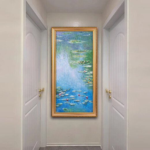 帝旗 世界名画莫奈 睡莲 纯手绘油画入户玄关装饰画走廊过道挂画竖版 692金实木框 100X200