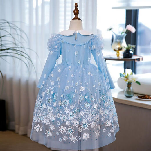 G.duck Elsa Princess Dress Girls Spring and Autumn Frozen Puff Dress Autumn and Winter Children's Elsa Dress Dress Skirt Long Sleeve Blue (with Veil) + Eight-piece Set 120 Suitable for heights around 110cm