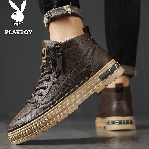 花花公子（PLAYBOY）鞋子男鞋高帮2025棉鞋秋冬季新款男士休闲皮鞋男加绒板鞋马丁靴男 棕色 CPL1253886 41