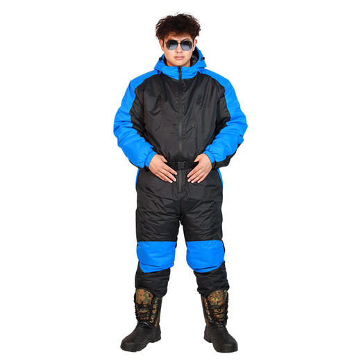 Yuyongji (YUYONGJI) thickened and warm winter fishing clothing, winter fishing waterproof ice fishing cold storage sea fishing antifreeze one-piece cold-proof down jacket, black and blue flower one-piece down jacket, one size fits all L (recommended height 1.7-1.75 and weight 165 and above)