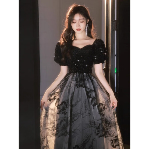 Lingkaqi Black Sequin Robe de soirée haut de gamme pour les femmes Luxury Luxury Niche Chinese Style Anniversaire Host Performance Long Jirt Picture principale L