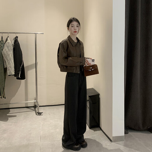 GARNUO美拉德棕色小皮衣外套女2025春秋新款小个子pu机车服复古短款夹克 棕色 S 【80-100斤】