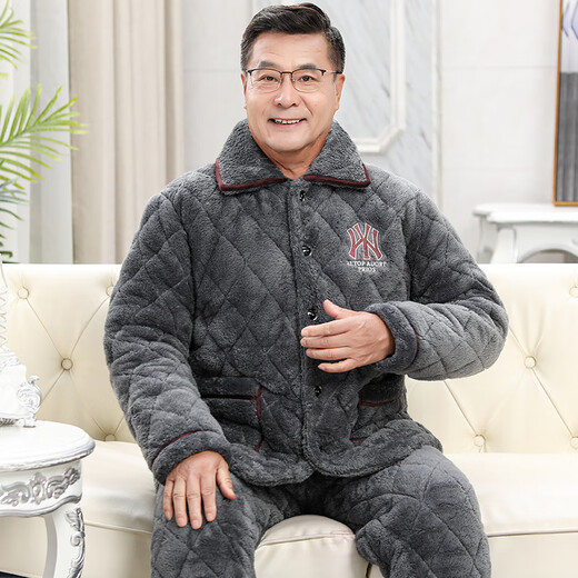馨梦悦男士睡衣秋冬季加厚加绒珊瑚绒夹棉保暖法兰绒中老年人爸爸家居服 C9921#黑灰色男【长毛绒】 XXXL(160-200斤)三层加厚