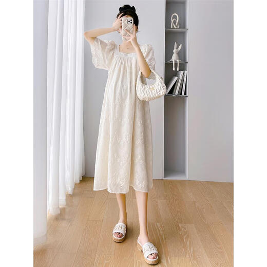 
Geman maternity dress summer loose large-size top covering belly summer skirt puff sleeve maternity dress summer skirt off white XL (recommended 140-160 Jin [Jin equals 0.5 kg])