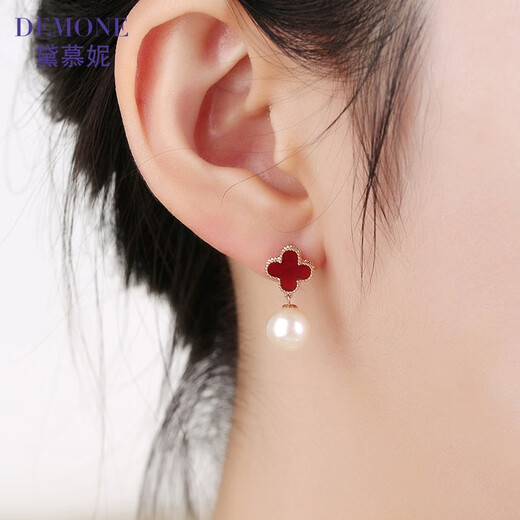 Damuni 18k gold four-leaf clover pearl earrings AU750 freshwater pearl earrings light luxury earrings for Valentine's Day gift red agate 18K yellow gold