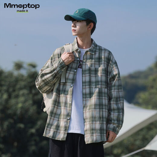 MMOPTOP日系复古长袖格子衬衫男士秋冬季潮流宽松休闲外套6062 咖啡 L