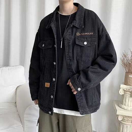 YOOOURTHING牛仔夹克外套男春秋新款炸街上衣韩版潮流休闲棒球服宽松休闲男装 黑色 L 建议120-135斤