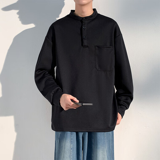 Homlean American retro long-sleeved T-shirt men's autumn Henry collar loose casual sweatshirt bottoming shirt HM07 black 2XL