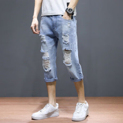 Beggie Chess summer thin jeans men's cropped pants student pants 7-point pants ripped shorts men's Korean style slim fit trend 687 black [main picture] cropped pants size 36 [2 feet 8]