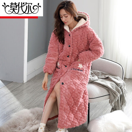 Camisón modal de felpa para mujeres en el terciopelo de coral de invierno en el terciopelo de coral espesado y alargado de algodón de algodón suplicado para mujeres con bata de baño con capucha calientes 9871# Botón Botte 2xl 140-160Jin [Jin equivale a 0.5 kg]
