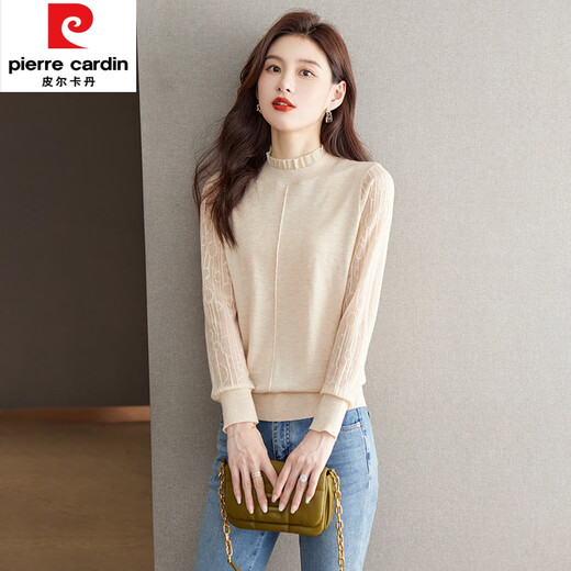 皮尔卡丹（pierre cardin）春秋薄款长袖针织衫女短款秋冬2025新款内搭蕾丝打底衫半高领上衣 1396米色 XL 【120-135斤】