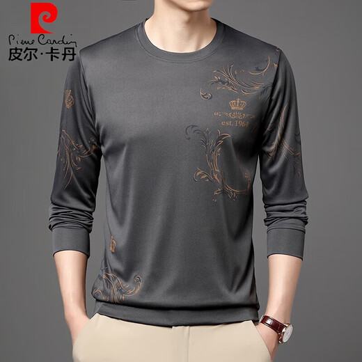 Pier Cardin brand high-end gray sweatshirt for men's inner bottoming shirt clothes autumn new casual printed long-sleeved T-shirt for men B6627 gray 52