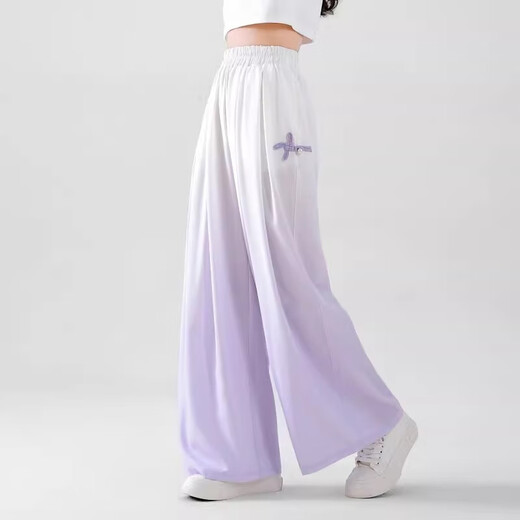 艾卡诺 I.KARNOW女童裤子夏季薄款2025新款儿童国风中式冰丝阔腿裤大童夏装防蚊裤 15117渐变紫+9922白色【套装】 150