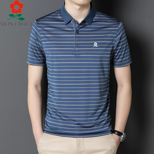 Mengtejiao Herrenbekleidung 100% Mulberry Seiden kurzärmeligte T-Shirt im Sommer Neuer Daddy-Anzug mittleren Alters im mittleren Alter gelegentlich gestreiftes Polo A7018-rot 165/m geeignet für 100-115jin [Jin gleich 0,5 kg]
