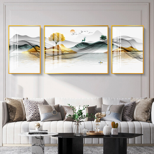 Qianchen Living Room Decoration Painting New Chinese Style Sofa Background Wall Hanging Painting Modern Simple Landscape Painting Study Mural Triptych Type A - Fulu Chengxiang Left and Right 35*50 Medium 70*50 Golden Aluminum Frame - Crystal Porcelain