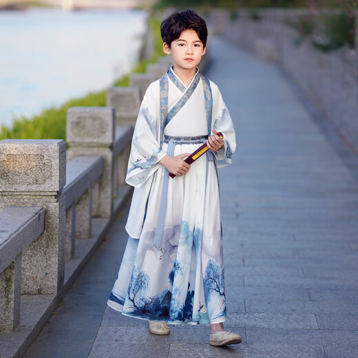 安妮优儿男童汉服中国风少爷公子秋装儿童古装帅气学生国学服 灰色 140