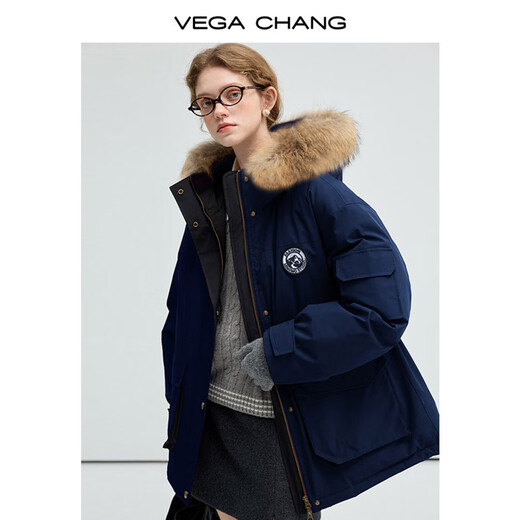 VEGA CHANG三防羽绒服女冬2024年新款貉子毛领保暖工装派克服外套 A款/深藏蓝(三防版) S