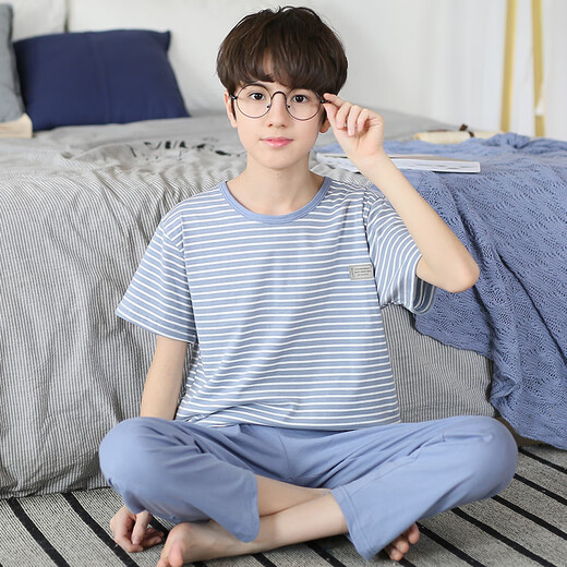 曼妮朵儿童睡衣男童短袖长裤秋装男孩全棉空调套装大童青少年纯棉家居服 N9926【短长】 140 16码建议135-145cm